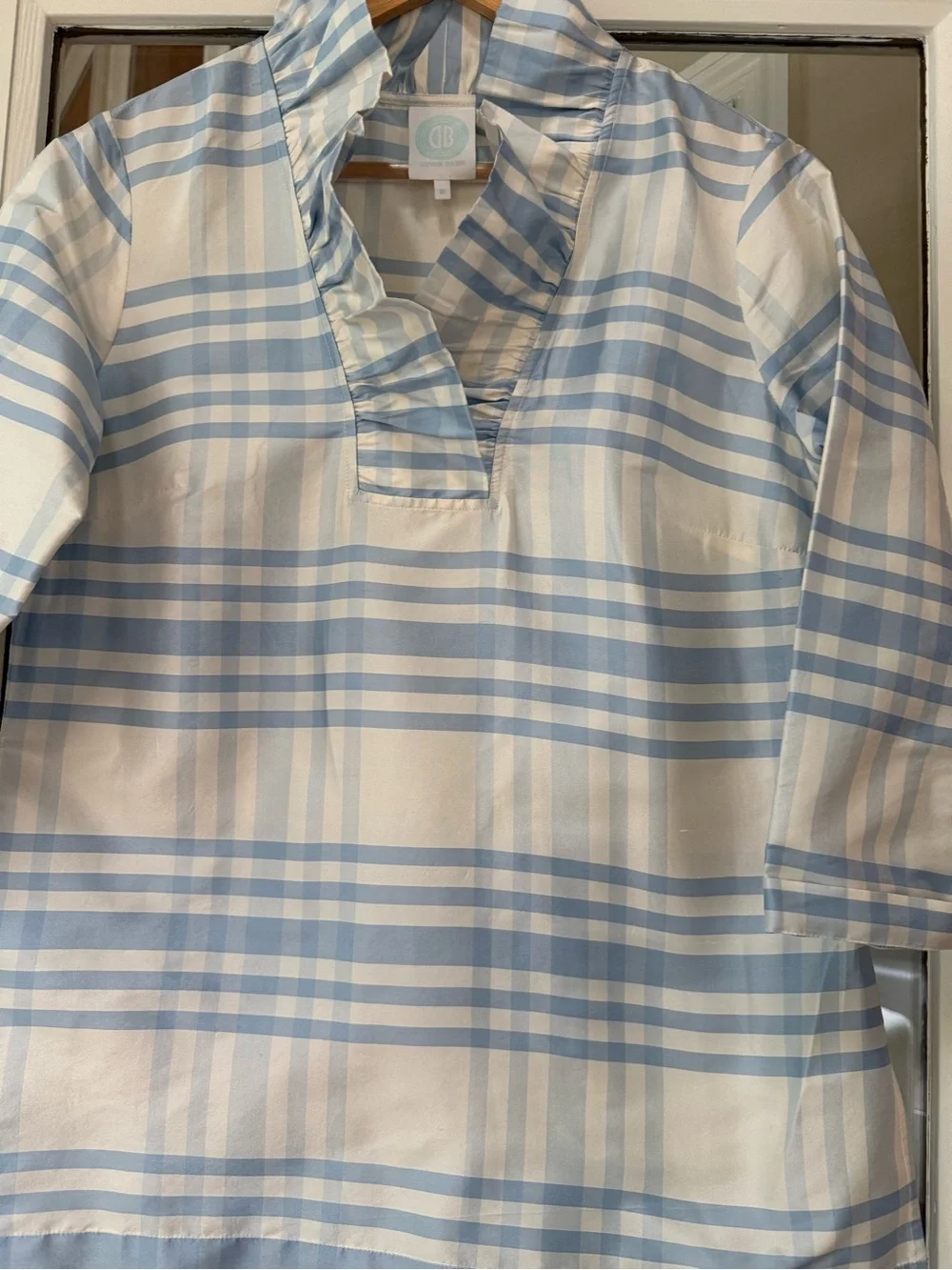 Devon Baer Silk Light Blue Plaid Ruffle-Trim Tunic Beautiful for a summer party - Picture 4 of 8